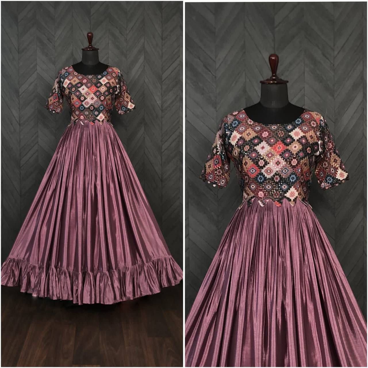 Attractive Chinon Silk Embroidered Gown